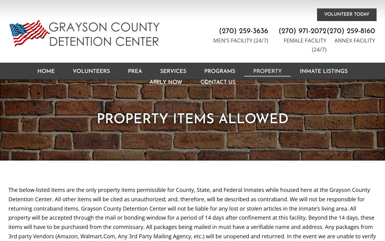 Grayson County Detention Center Female Facility inmate property rules